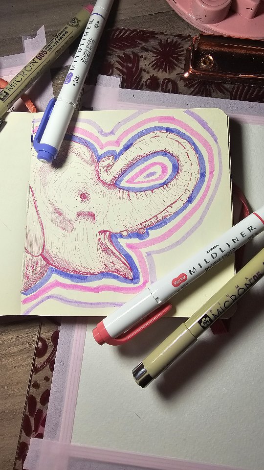 Elephant illustration in pink and purple ink with markers