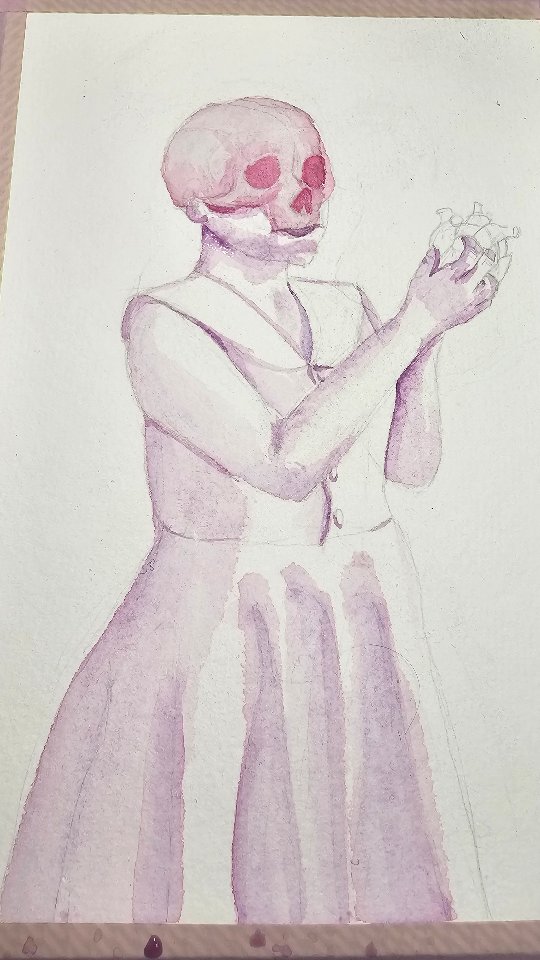 Watercolor underpainting of skeleton figure in purple dress